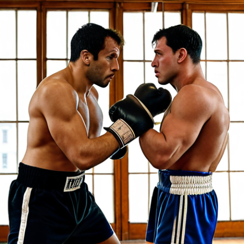 Home 19 ** Two sparring partners in a Parisian gym, one teaching a takedown to the other. The gym has worn leather punching bags and vintage boxing posters. Focus: skill-sharing, mutual improvement.
**
