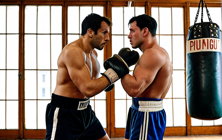 ** Two sparring partners in a Parisian gym, one teaching a takedown to the other. The gym has worn leather punching bags and vintage boxing posters. Focus: skill-sharing, mutual improvement.
**