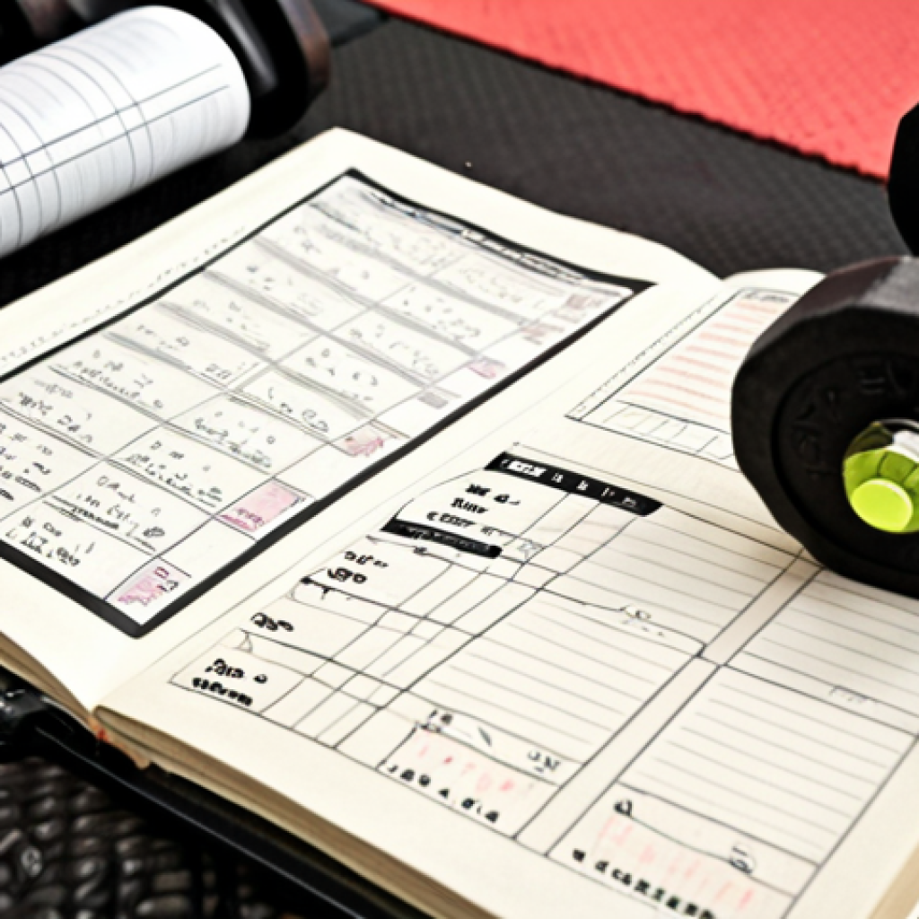 **

"A detailed, close-up shot of a training journal lying open on a tatami mat. The journal page features handwritten notes detailing sets, reps, weights used, and personal sensations during a weightlifting exercise. A pen rests on the page. In the background, a blurred weightlifting rack and gym equipment are visible, suggesting a typical French 'salle de sport'."

**