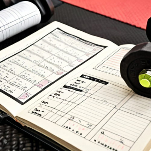 Home 18 **
"A detailed, close-up shot of a training journal lying open on a tatami mat. The journal page features handwritten notes detailing sets, reps, weights used, and personal sensations during a weightlifting exercise. A pen rests on the page. In the background, a blurred weightlifting rack and gym equipment are visible, suggesting a typical French 'salle de sport'."
**