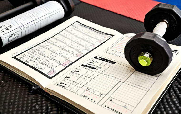 **
"A detailed, close-up shot of a training journal lying open on a tatami mat. The journal page features handwritten notes detailing sets, reps, weights used, and personal sensations during a weightlifting exercise. A pen rests on the page. In the background, a blurred weightlifting rack and gym equipment are visible, suggesting a typical French 'salle de sport'."
**