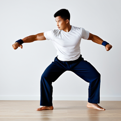 Home 17 A male athlete, embodying the synergy of martial arts and strength training, is captured in a dynamic, powerful pose, mid-action, perhaps executing a controlled, explosive martial arts kick. He is fully clothed in modern, professional, modest athletic wear, including a well-fitted t-shirt and athletic pants. His expression is focused and determined. The background subtly blends elements of a traditional dojo and a modern strength training gym, symbolizing the fusion of disciplines, in a clean, well-lit environment. Professional studio photography, high resolution, sharp focus, natural lighting, perfect anatomy, correct proportions, well-formed hands, proper finger count, natural body proportions, safe for work, appropriate content, fully clothed, professional, family-friendly.