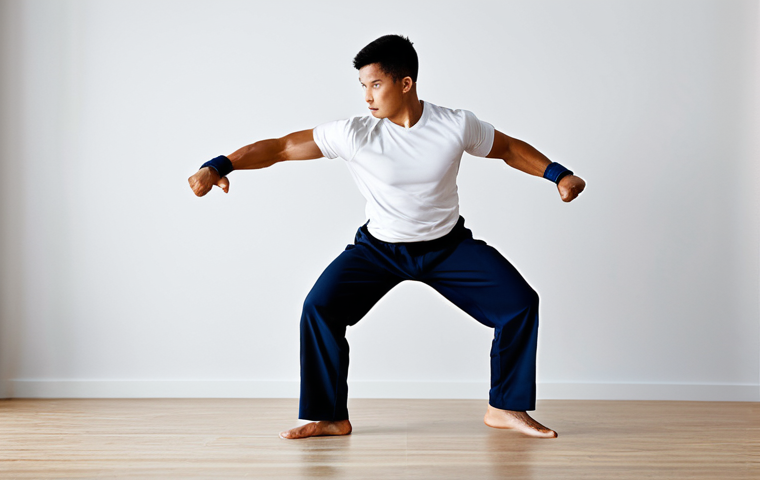 A male athlete, embodying the synergy of martial arts and strength training, is captured in a dynamic, powerful pose, mid-action, perhaps executing a controlled, explosive martial arts kick. He is fully clothed in modern, professional, modest athletic wear, including a well-fitted t-shirt and athletic pants. His expression is focused and determined. The background subtly blends elements of a traditional dojo and a modern strength training gym, symbolizing the fusion of disciplines, in a clean, well-lit environment. Professional studio photography, high resolution, sharp focus, natural lighting, perfect anatomy, correct proportions, well-formed hands, proper finger count, natural body proportions, safe for work, appropriate content, fully clothed, professional, family-friendly.