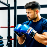 A focused adult male athlete, appropriately dressed in clean, professional boxing attire including a t-shirt, shorts, and boxing gloves, standing in a brightly lit modern combat sports gym. He is looking at a rack of diverse, high-quality martial arts equipment (various gloves, shin guards, headgear) readily available for use. The gym is clean and well-maintained. The scene conveys accessibility and the joy of trying new sports. Perfect anatomy, correct proportions, natural pose, well-formed hands, proper finger count, natural body proportions, safe for work, appropriate content, fully clothed, professional, high-resolution photography.