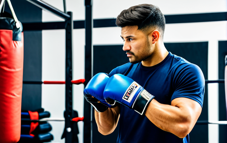 A focused adult male athlete, appropriately dressed in clean, professional boxing attire including a t-shirt, shorts, and boxing gloves, standing in a brightly lit modern combat sports gym. He is looking at a rack of diverse, high-quality martial arts equipment (various gloves, shin guards, headgear) readily available for use. The gym is clean and well-maintained. The scene conveys accessibility and the joy of trying new sports. Perfect anatomy, correct proportions, natural pose, well-formed hands, proper finger count, natural body proportions, safe for work, appropriate content, fully clothed, professional, high-resolution photography.