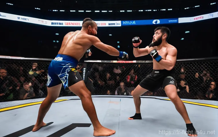 격투기 관람 필수 정보 - **"A male MMA fighter, mid-twenties, with a strong, athletic build, is intensely training in a state...