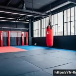 Home 17 격투기 연습 장소 부산 - A modern urban martial arts gym interior in Paris city center, featuring multiple training zones inc...