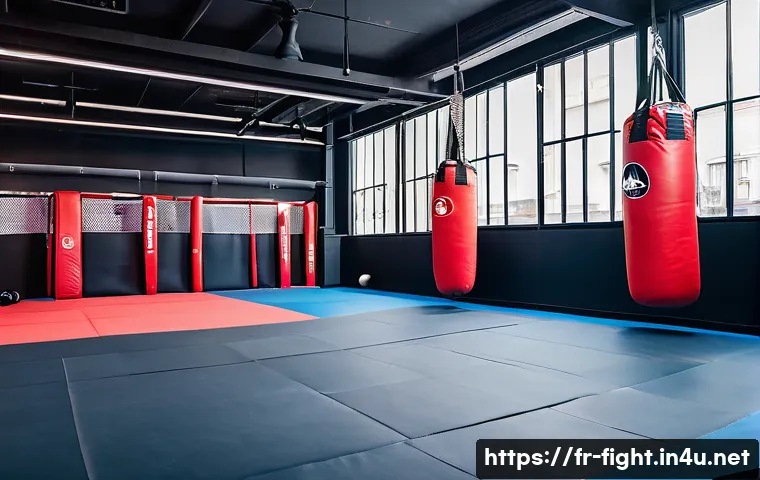 격투기 연습 장소 부산 - A modern urban martial arts gym interior in Paris city center, featuring multiple training zones inc...