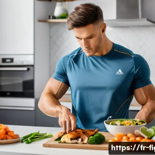 Home 28 격투기 선수 건강 관리법 - A focused male martial artist in athletic gear preparing a nutritious meal in a modern French kitche...