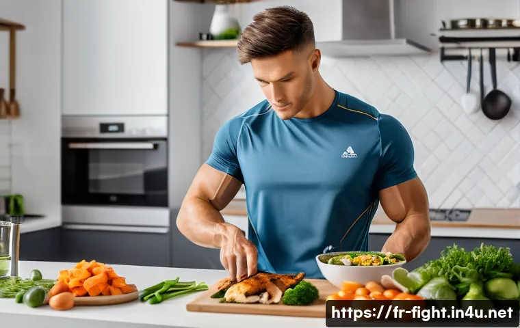 격투기 선수 건강 관리법 - A focused male martial artist in athletic gear preparing a nutritious meal in a modern French kitche...