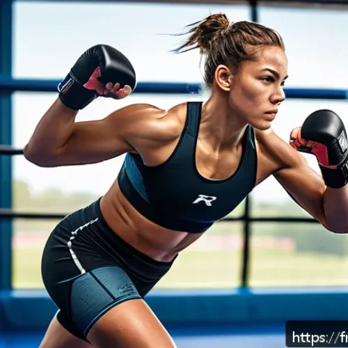 Home 15 격투기 운동 복장 가이드 - A professional female MMA fighter training in a modern gym, wearing a fitted compression rashguard a...