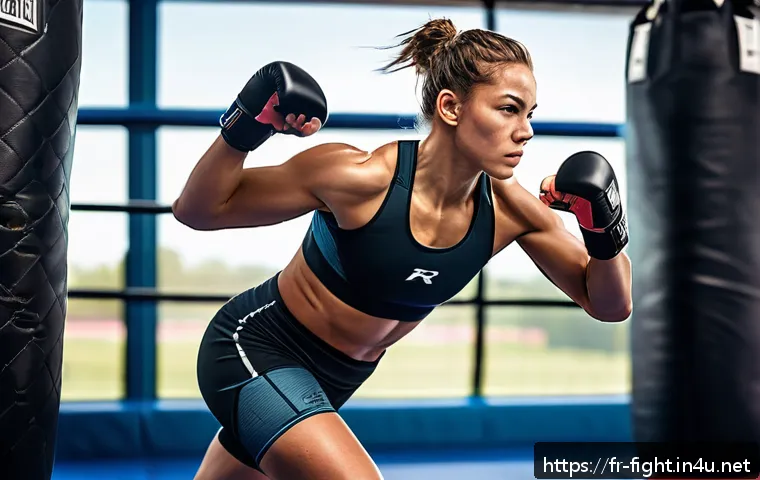 격투기 운동 복장 가이드 - A professional female MMA fighter training in a modern gym, wearing a fitted compression rashguard a...