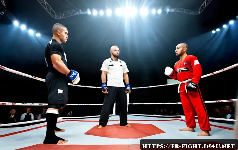 Home 17 UFC 경기 규칙 - Photorealistic mixed martial arts match inside a modern octagonal cage, two fully clothed adult athl...